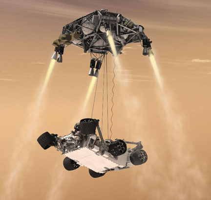 Curiosity being lowered on Sky Crane by descent stage